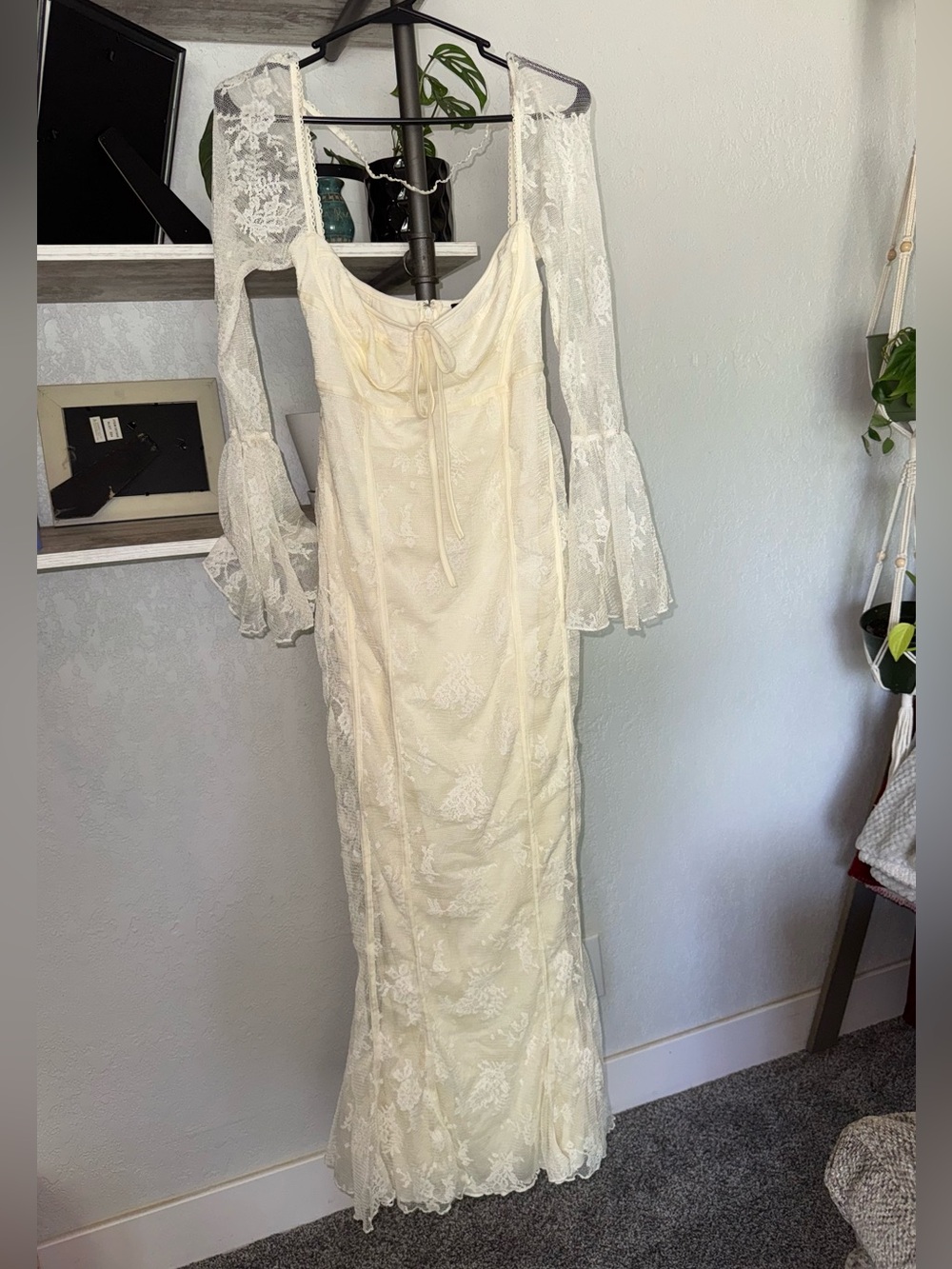Ivory Lace Maxi Slip Dress with Delicate Floral Overlay